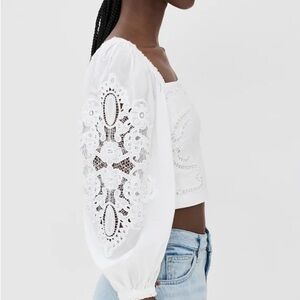 FARM Rio White Crochet-Sleeve Crop Top